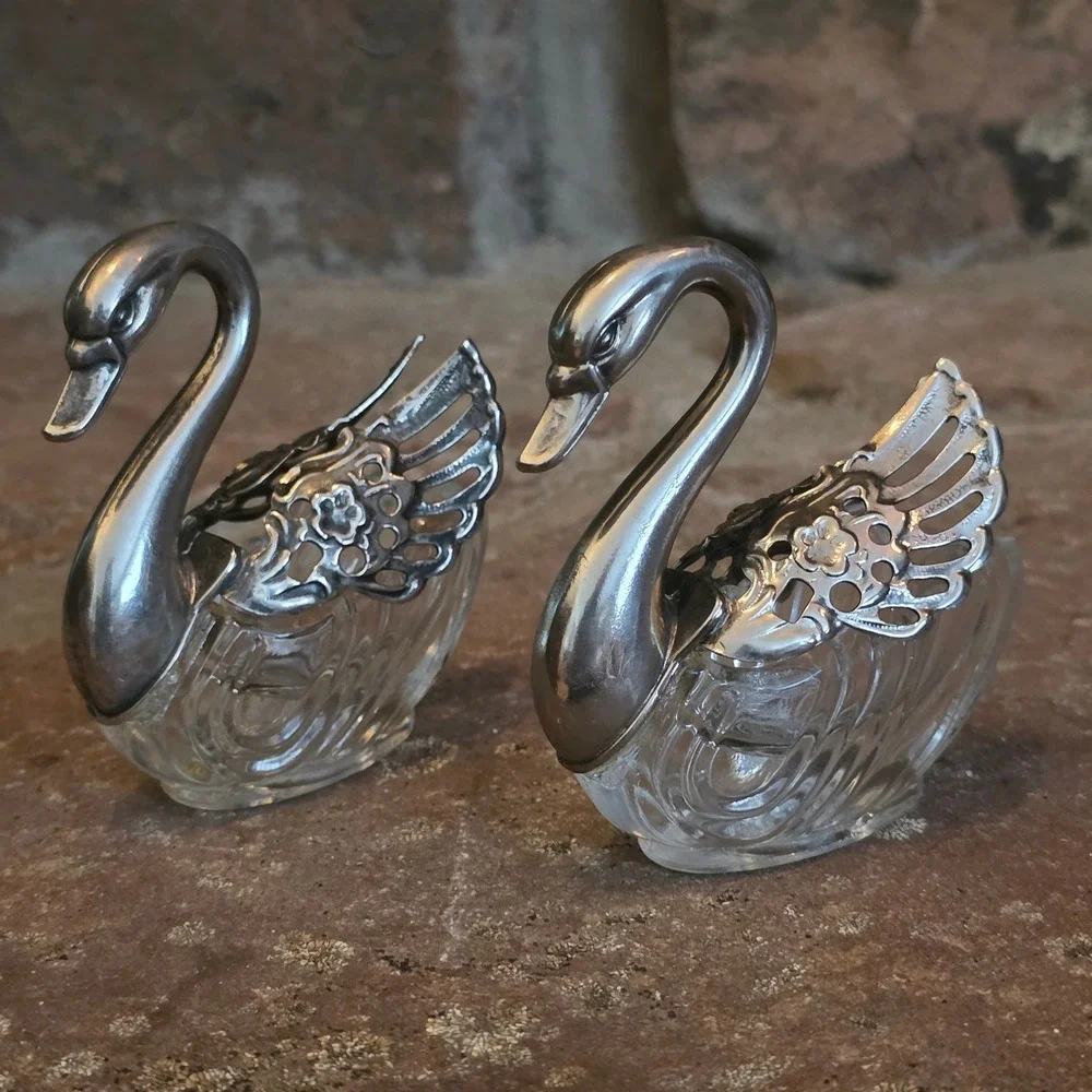 Vintage Italian Swan Salt Cellars Glass Plated Silver Hinged Wings Pair  trinket